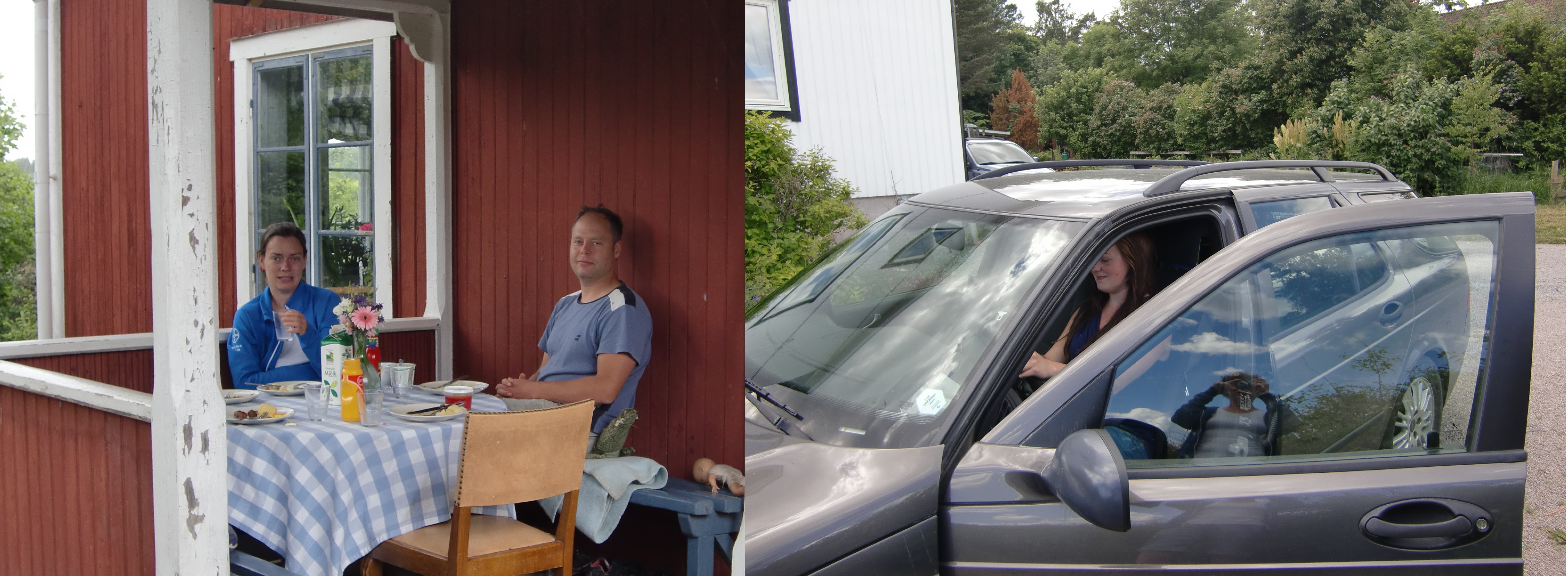 Två personer sitter på en veranda och fikar. På bilden intill sitter en veterinär i sin bil på väg hem.