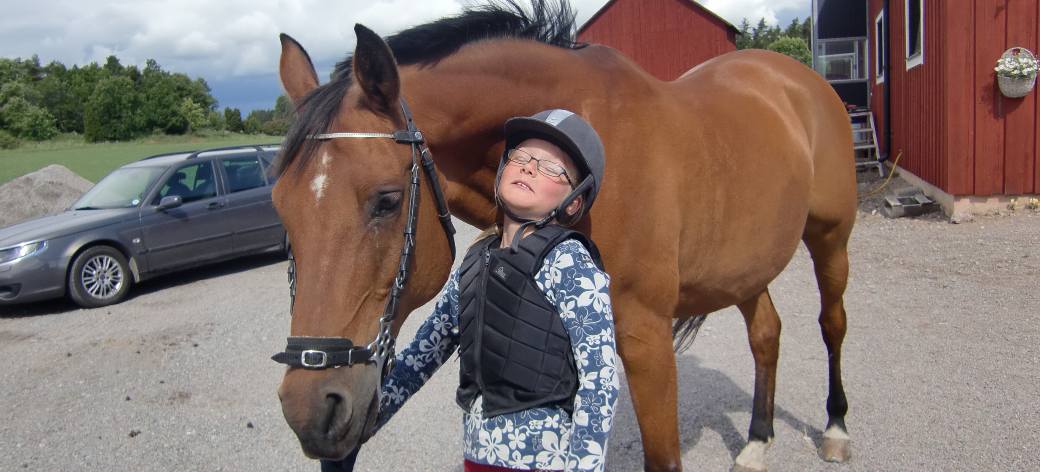 En flicka leder en brun häst. Flickan ser förtvivlad ut.